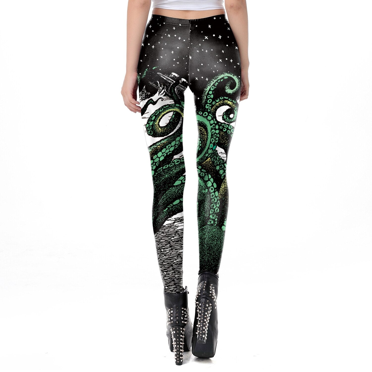 Black Starry Green Octopus Printed Gothic Style Leggings for Women Fantastic Elastic Waist Ankle Pants - Vimost Shop