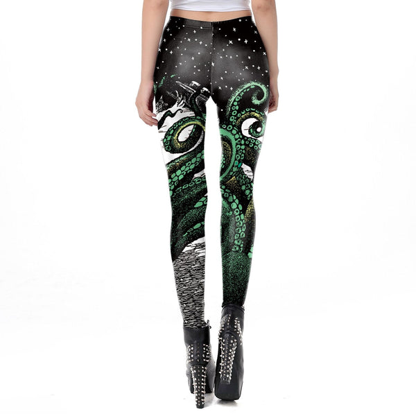 Black Starry Green Octopus Printed Gothic Style Leggings for Women Fantastic Elastic Waist Ankle Pants - Vimost Shop
