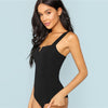 Black V-Cut Front Bodysuit Sexy Straps Plain Skinny Sleeveless Bodysuits - Vimost Shop