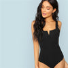 Black V-Cut Front Bodysuit Sexy Straps Plain Skinny Sleeveless Bodysuits - Vimost Shop