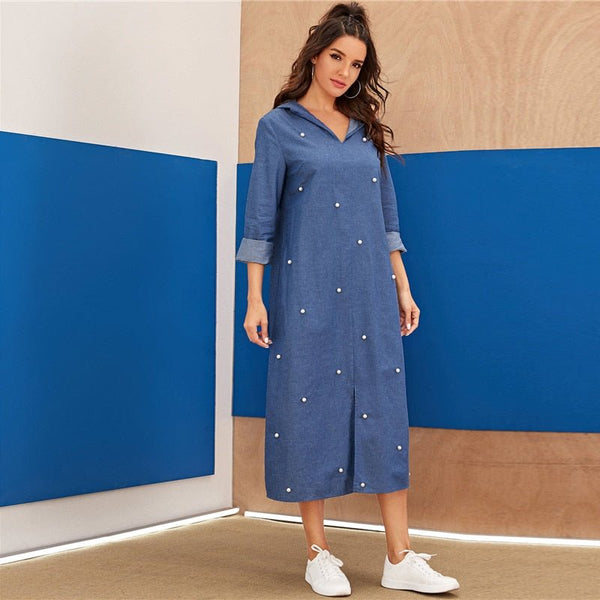 Blue Abaya Pearls Beaded Split Hem Denim Hoodie Dress Women Autumn Long Sleeve Solid Loose Casual Long Dresses - Vimost Shop