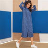 Blue Abaya Pearls Beaded Split Hem Denim Hoodie Dress Women Autumn Long Sleeve Solid Loose Casual Long Dresses - Vimost Shop