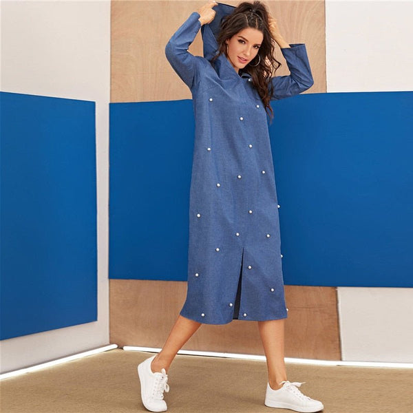 Blue Abaya Pearls Beaded Split Hem Denim Hoodie Dress Women Autumn Long Sleeve Solid Loose Casual Long Dresses - Vimost Shop