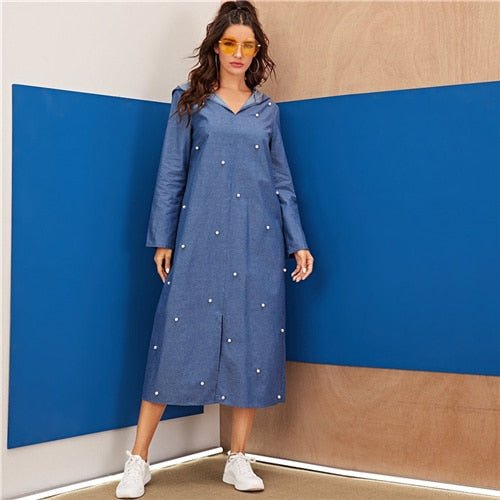 Blue Abaya Pearls Beaded Split Hem Denim Hoodie Dress Women Autumn Long Sleeve Solid Loose Casual Long Dresses - Vimost Shop
