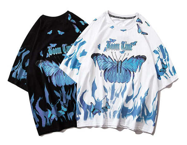 Blue Flame Butterfly Printed T Shirt Men Harajuku Streetwear Short Sleeve Casual Cotton Crew Neck Tees Shirt - Vimost Shop