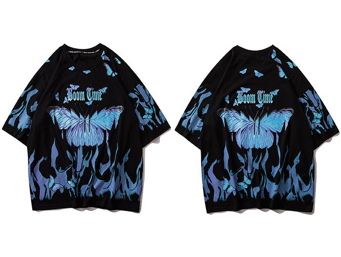 Blue Flame Butterfly Printed T Shirt Men Harajuku Streetwear Short Sleeve Casual Cotton Crew Neck Tees Shirt - Vimost Shop
