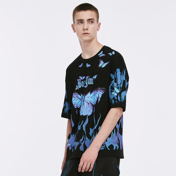 Blue Flame Butterfly Printed T Shirt Men Harajuku Streetwear Short Sleeve Casual Cotton Crew Neck Tees Shirt - Vimost Shop