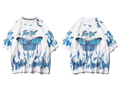 Blue Flame Butterfly Printed T Shirt Men Harajuku Streetwear Short Sleeve Casual Cotton Crew Neck Tees Shirt