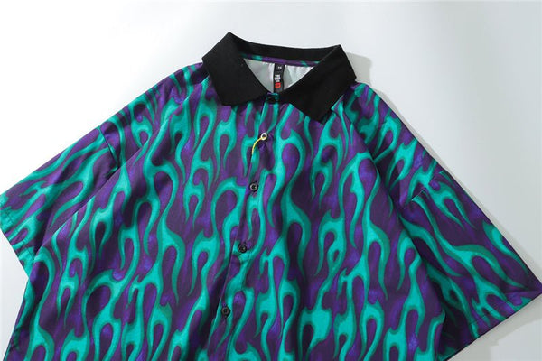 Blue Flame Print Harajuku Shirt Mens Hip Hop Streetwear Hawaiian Shirt Fashion Oversized Short Sleeve Korean Tops - Vimost Shop
