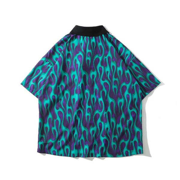 Blue Flame Print Harajuku Shirt Mens Hip Hop Streetwear Hawaiian Shirt Fashion Oversized Short Sleeve Korean Tops - Vimost Shop