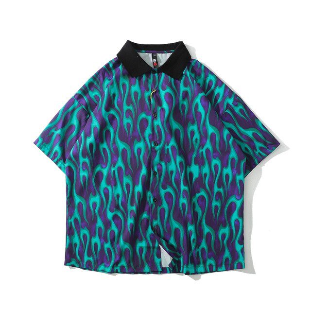 Blue Flame Print Harajuku Shirt Mens Hip Hop Streetwear Hawaiian Shirt Fashion Oversized Short Sleeve Korean Tops - Vimost Shop