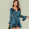 Blue Party Elegant Sexy Split Back Ruffle Trim Overlap Front Belted Deep V Neck High Waist Solid Autumn Dress For Women - Vimost Shop