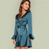 Blue Party Elegant Sexy Split Back Ruffle Trim Overlap Front Belted Deep V Neck High Waist Solid Autumn Dress For Women - Vimost Shop