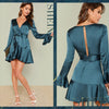 Blue Party Elegant Sexy Split Back Ruffle Trim Overlap Front Belted Deep V Neck High Waist Solid Autumn Dress For Women - Vimost Shop