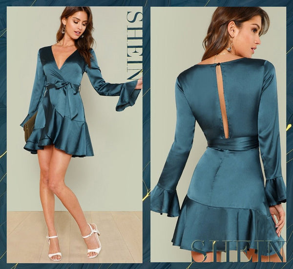 Blue Party Elegant Sexy Split Back Ruffle Trim Overlap Front Belted Deep V Neck High Waist Solid Autumn Dress For Women - Vimost Shop