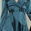 Blue Party Elegant Sexy Split Back Ruffle Trim Overlap Front Belted Deep V Neck High Waist Solid Autumn Dress For Women - Vimost Shop