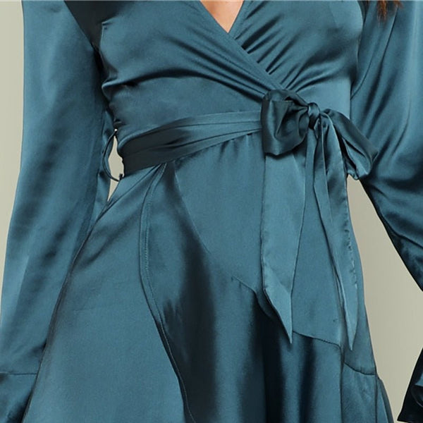 Blue Party Elegant Sexy Split Back Ruffle Trim Overlap Front Belted Deep V Neck High Waist Solid Autumn Dress For Women - Vimost Shop