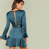 Blue Party Elegant Sexy Split Back Ruffle Trim Overlap Front Belted Deep V Neck High Waist Solid Autumn Dress For Women - Vimost Shop