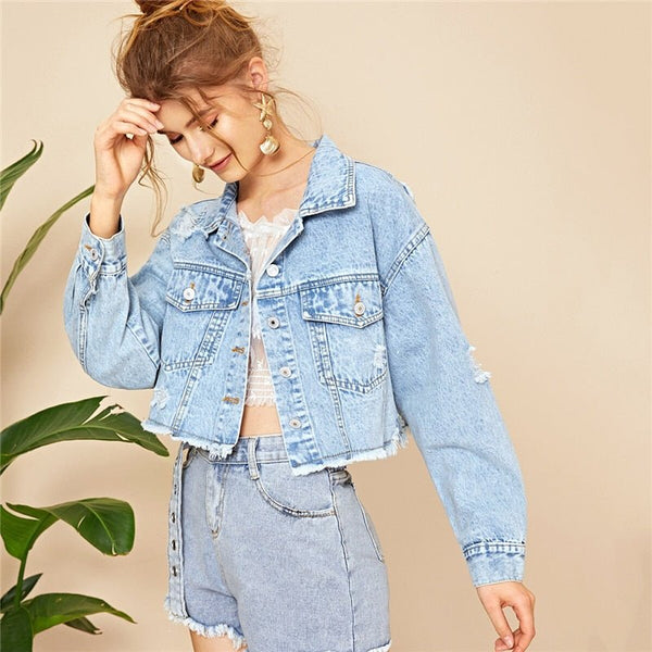 Blue Ripped Frayed Edge Flakes Crop Denim Jeans Jacket Single Breasted Casual Outwear Coat Jackets - Vimost Shop