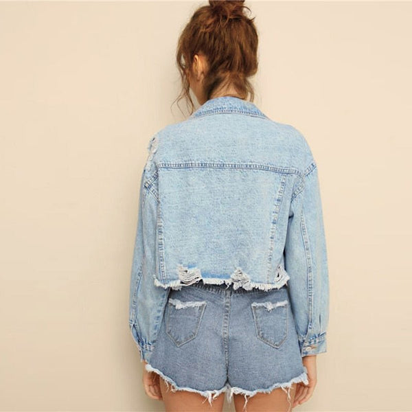 Blue Ripped Frayed Edge Flakes Crop Denim Jeans Jacket Single Breasted Casual Outwear Coat Jackets - Vimost Shop
