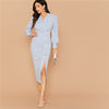 Blue Shawl Collar Lantern Sleeve Button Front Split Hem Elegant Dress Women Autumn High Waist Midi Pencil Dresses - Vimost Shop