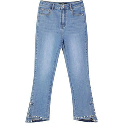 Blue Solid High Waist Washed Casual Flare Jeans Women,Spring Pure Pearls Hem Minimalist Ladies Basic Daily Trousers