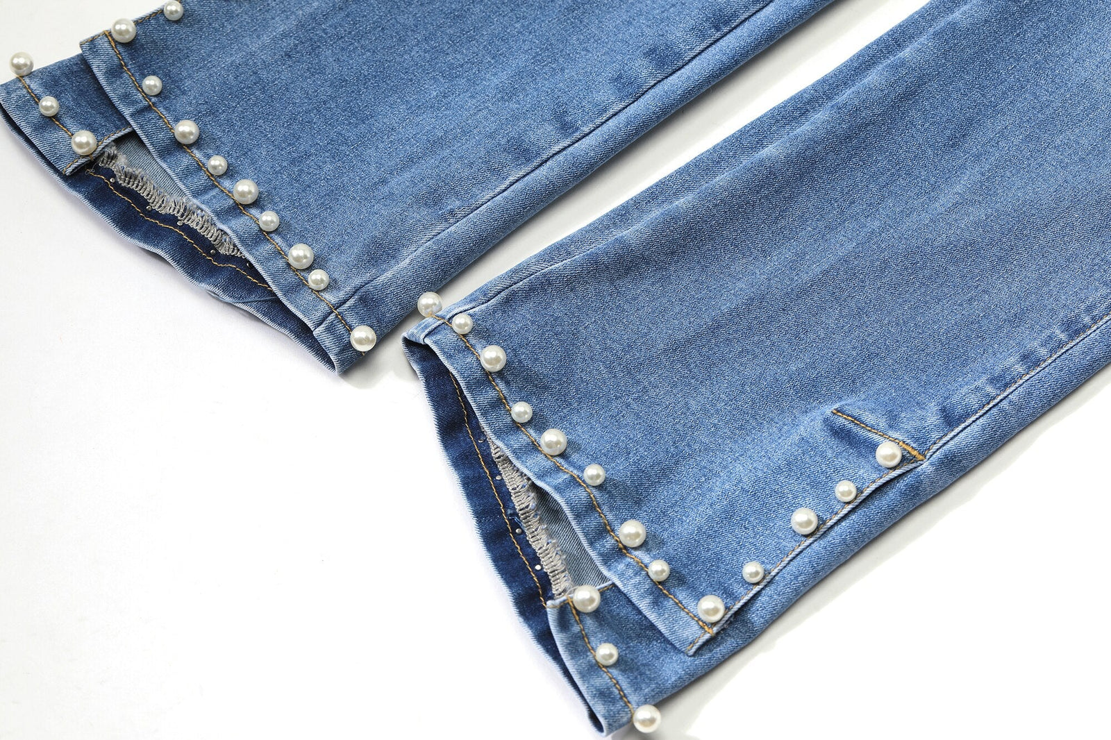 Blue Solid High Waist Washed Casual Flare Jeans Women,Spring Pure Pearls Hem Minimalist Ladies Basic Daily Trousers - Vimost Shop