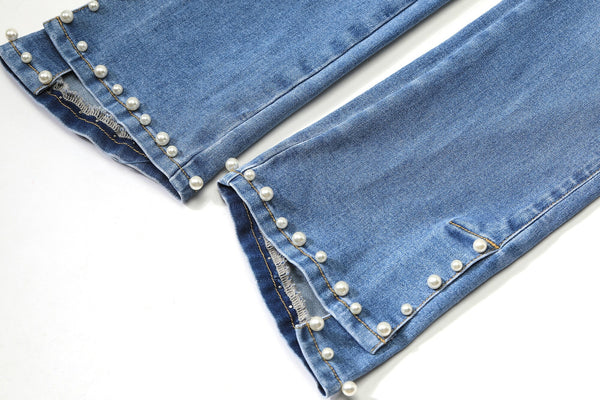 Blue Solid High Waist Washed Casual Flare Jeans Women,Spring Pure Pearls Hem Minimalist Ladies Basic Daily Trousers - Vimost Shop