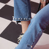 Blue Solid High Waist Washed Casual Flare Jeans Women,Spring Pure Pearls Hem Minimalist Ladies Basic Daily Trousers - Vimost Shop