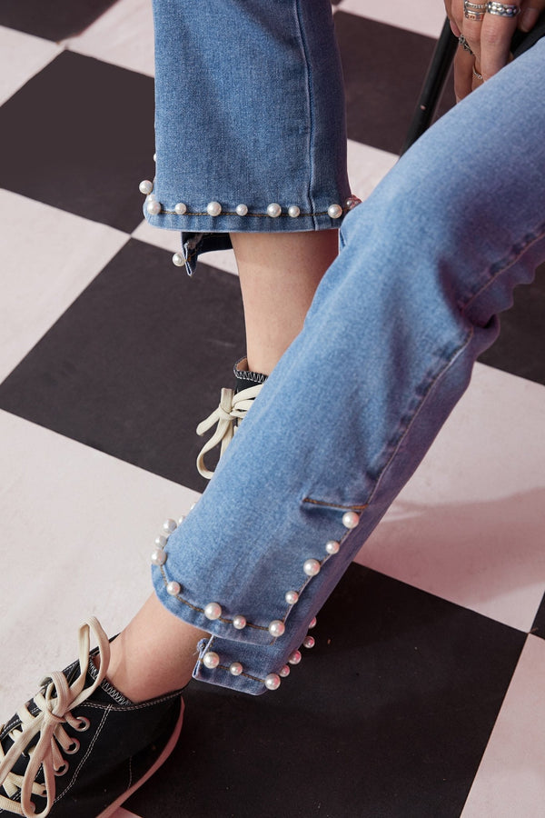 Blue Solid High Waist Washed Casual Flare Jeans Women,Spring Pure Pearls Hem Minimalist Ladies Basic Daily Trousers - Vimost Shop