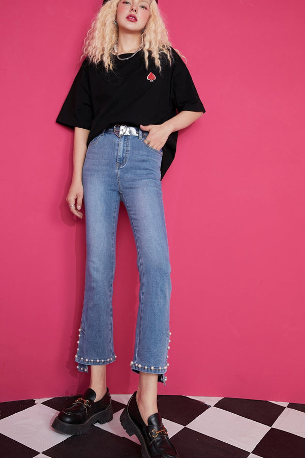 Blue Solid High Waist Washed Casual Flare Jeans Women,Spring Pure Pearls Hem Minimalist Ladies Basic Daily Trousers - Vimost Shop