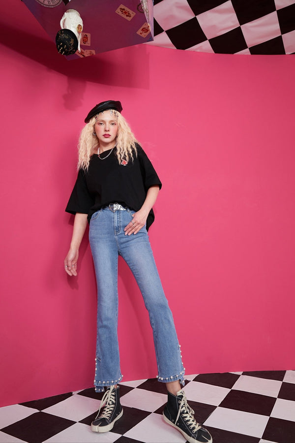 Blue Solid High Waist Washed Casual Flare Jeans Women,Spring Pure Pearls Hem Minimalist Ladies Basic Daily Trousers - Vimost Shop
