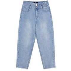 Blue Solid High Waist Washed Straight Casual Harem Jeans Women,Spring Pure Minimalist Ladies Basic Daily Trouser