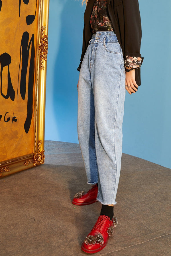 Blue Solid High Waist Washed Straight Casual Harem Jeans Women,Spring Pure Minimalist Ladies Basic Daily Trouser - Vimost Shop