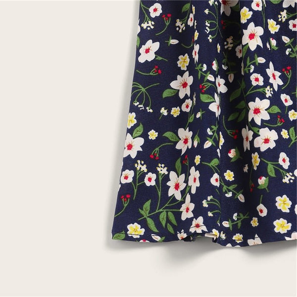 Boho Navy Ditsy Floral Print Paperbag Waist Belted Flared Skirts Frilled Pleated Mini Skirt - Vimost Shop