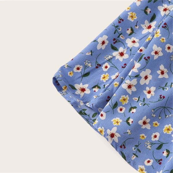 Boho Navy Ditsy Floral Print Paperbag Waist Belted Flared Skirts Frilled Pleated Mini Skirt - Vimost Shop