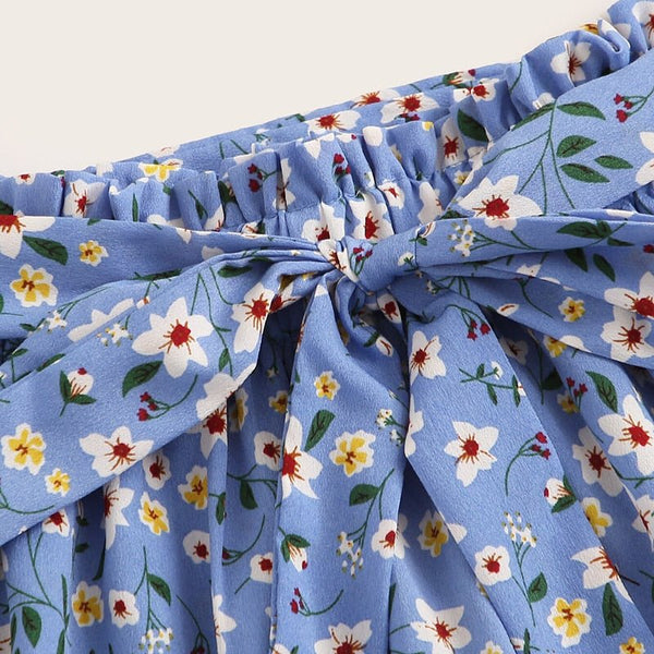 Boho Navy Ditsy Floral Print Paperbag Waist Belted Flared Skirts Frilled Pleated Mini Skirt - Vimost Shop