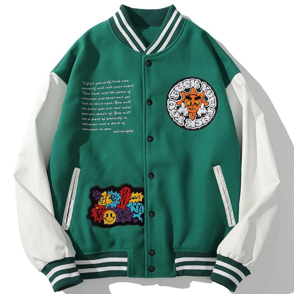 Bomber Jacket Men Cartoon Comics Boys Patch Furry Letter Baseball Coats High Street Hip Hop Japanese Varsity Streetwear - Vimost Shop