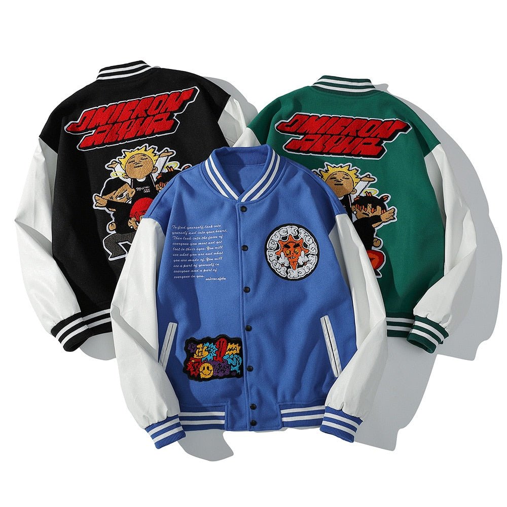 Bomber Jacket Men Cartoon Comics Boys Patch Furry Letter Baseball Coats High Street Hip Hop Japanese Varsity Streetwear - Vimost Shop