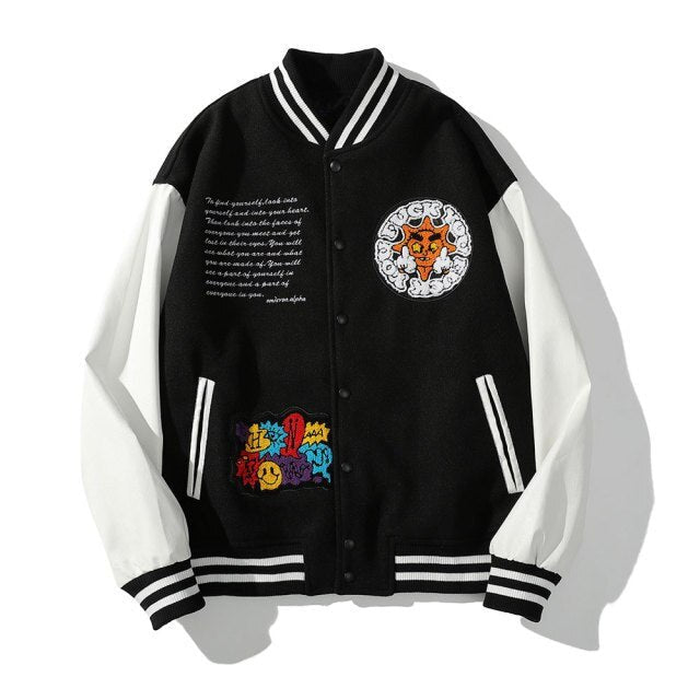 Bomber Jacket Men Cartoon Comics Boys Patch Furry Letter Baseball Coats High Street Hip Hop Japanese Varsity Streetwear - Vimost Shop