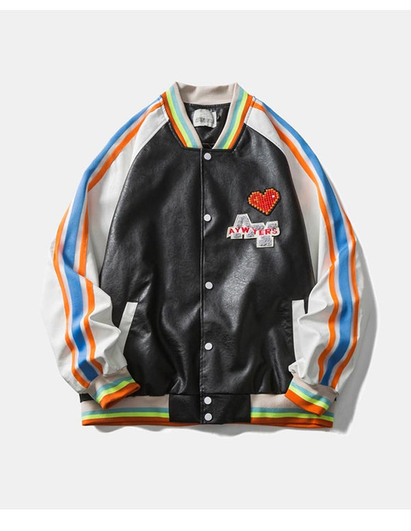 Bomber Jacket Men Colorful Striped Patchwork Heart Letter Patch Hip Hop College Style Baseball Coats Autumn Streetwear - Vimost Shop