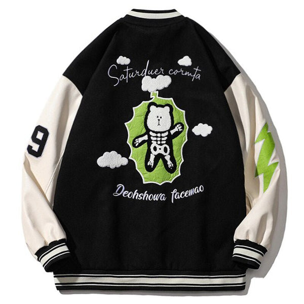 Bomber Jacket Men Furry Big Letter Bear Skeleton Patchwork Baseball Coat Couple Oversized Cozy College Style Streetwear - Vimost Shop