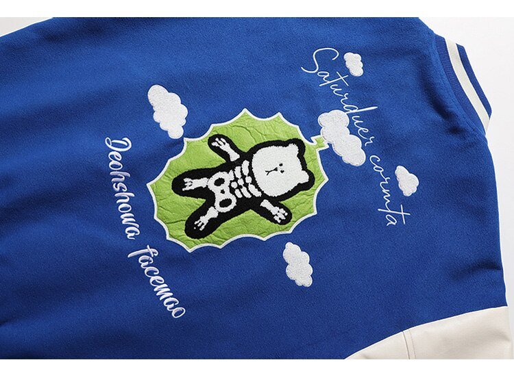 Bomber Jacket Men Furry Big Letter Bear Skeleton Patchwork Baseball Coat Couple Oversized Cozy College Style Streetwear - Vimost Shop