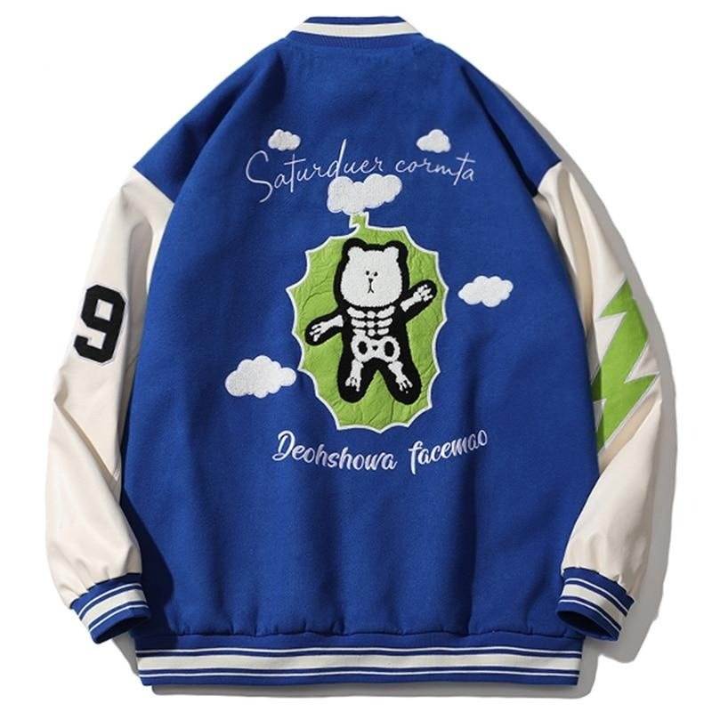 Bomber Jacket Men Furry Big Letter Bear Skeleton Patchwork Baseball Coat Couple Oversized Cozy College Style Streetwear - Vimost Shop