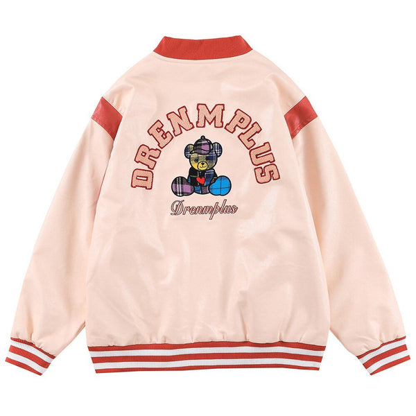Bomber Jacket Men Furry Letter Cute Bear Leather Baseball Coat Windproof Fleece Soft Cozy Warm College Style Streetwear - Vimost Shop