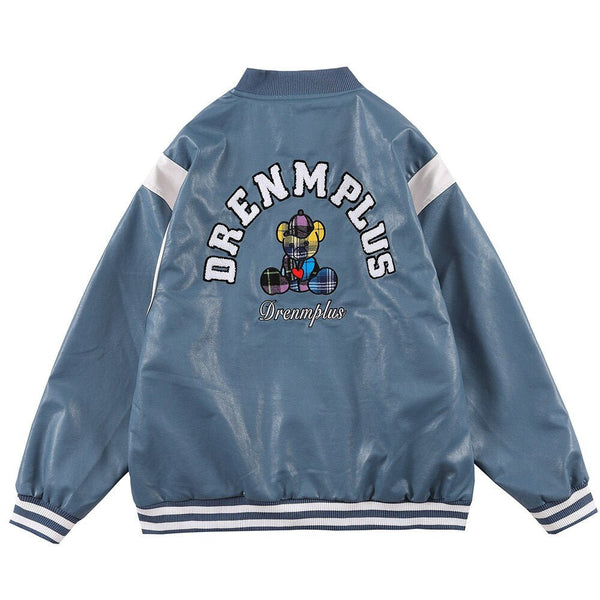 Bomber Jacket Men Furry Letter Cute Bear Leather Baseball Coat Windproof Fleece Soft Cozy Warm College Style Streetwear - Vimost Shop