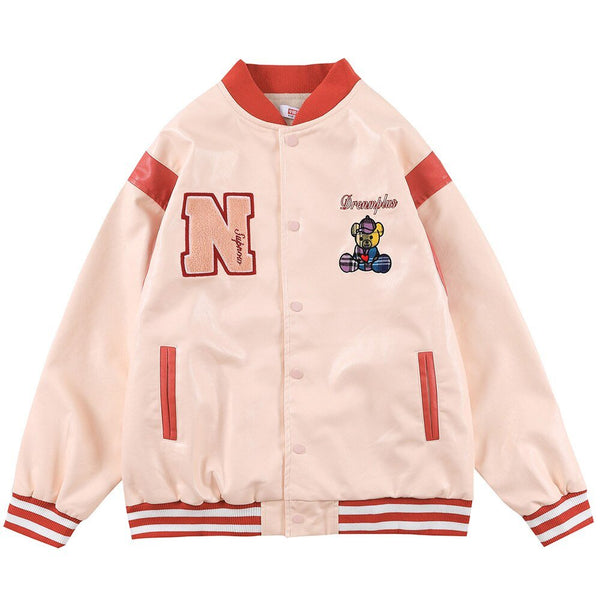 Bomber Jacket Men Furry Letter Cute Bear Leather Baseball Coat Windproof Fleece Soft Cozy Warm College Style Streetwear - Vimost Shop