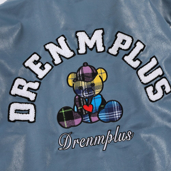 Bomber Jacket Men Furry Letter Cute Bear Leather Baseball Coat Windproof Fleece Soft Cozy Warm College Style Streetwear - Vimost Shop