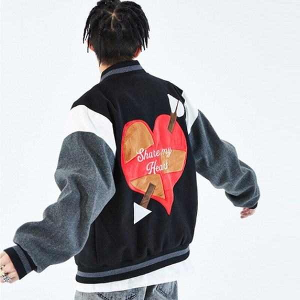 Bomber Jacket Men Letter Embroidery Heart-shaped Patch Patchwork Baseball Coat Retro Hip Hop Fashion Varsity Jacket Men - Vimost Shop