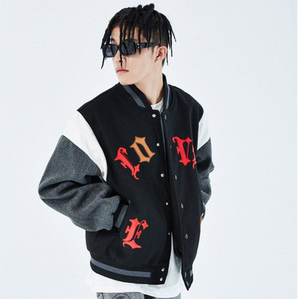 Bomber Jacket Men Letter Embroidery Heart-shaped Patch Patchwork Baseball Coat Retro Hip Hop Fashion Varsity Jacket Men - Vimost Shop